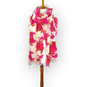 Anthropologie Wool Scarf Thin Knit Textured Cream Pink Orange Fringe Colorful